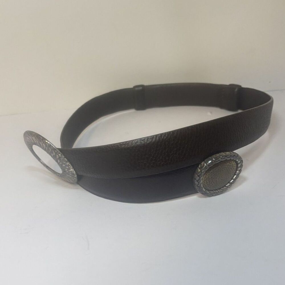 Chico’s Dark Brown Textured Leather Belt Interlock Hammered Silver & Gold Buckle - Picture 6 of 6
